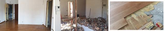 Il vecchio pavimento in listelli di formato molto piccolo (in rovere massello lucido, finitura tipica anni '70),
è stato rimosso o in alcuni casi ricoperto, così come le piastrelle originali dei bagni.
Oltre che per motivi estetici, rimozione e ripristino dei pavimenti si sono resi necessari - dopo l'abbattimento
dei tramezzi - per ricreare e uniformare
il supporto, in quanto inevitabilmente
si erano creati piccoli dislivelli
e le superfici non erano più complanari.
Il nuovo parquet è un prefinito di rovere naturale leggermente spazzolato, con spessore 15 mm, che
è stato incollato al supporto. La scelta
di listoni grandi a bordi rettificati
permette di ottenere un effetto
di maggiore omogeneità. La sostituzione
del pavimento è stata anche l'occasione
per riparare piccole perdite nell'impianto termico condominiale a pannelli radianti. Il vecchio pavimento in listelli di formato molto piccolo (in rovere massello lucido, finitura tipica anni '70),
è stato rimosso o in alcuni casi ricoperto, così come le piastrelle originali dei bagni.
Oltre che per motivi estetici, rimozione e ripristino dei pavimenti si sono resi necessari - dopo l'abbattimento
dei tramezzi - per ricreare e uniformare
il supporto, in quanto inevitabilmente
si erano creati piccoli dislivelli
e le superfici non erano più complanari.
Il nuovo parquet è un prefinito di rovere naturale leggermente spazzolato, con spessore 15 mm, che
è stato incollato al supporto. La scelta
di listoni grandi a bordi rettificati
permette di ottenere un effetto
di maggiore omogeneità. La sostituzione
del pavimento è stata anche l'occasione
per riparare piccole perdite nell'impianto termico condominiale a pannelli radianti.