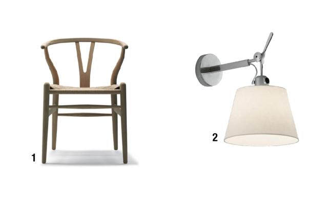 1. Y CHAIR (CH24 WISHBONE CHAIR) – Anno: 1949 – Design: Hans J. Wegner – Produttore: Carl Hansen & Søn
• Di design danese, in produzione ininterrotta dagli anni ’50 a oggi, è ispirata ai modelli cinesi della dinastia Ming. Il bordo dello schienale in legno curvato si prolunga nelle due gambe posteriori; al centro l’appoggio a forma di Y che dà il nome alla sedia.
2. TOLOMEO – Anno: 1987 – Design: M. De Lucchi, G. Fassina – Produttore: Artemide
• La famiglia delle Tolomeo, tra i più noti modelli di design contemporaneo, comprende lampade di diverse dimensioni e tipologie: applique (in foto), sospensione, da terra e da tavolo.
A seconda della versione, il diffusore orientabile è in alluminio anodizzato, in tessuto o pergamena. 1. Y CHAIR (CH24 WISHBONE CHAIR) – Anno: 1949 – Design: Hans J. Wegner – Produttore: Carl Hansen & Søn
• Di design danese, in produzione ininterrotta dagli anni ’50 a oggi, è ispirata ai modelli cinesi della dinastia Ming. Il bordo dello schienale in legno curvato si prolunga nelle due gambe posteriori; al centro l’appoggio a forma di Y che dà il nome alla sedia.
2. TOLOMEO – Anno: 1987 – Design: M. De Lucchi, G. Fassina – Produttore: Artemide
• La famiglia delle Tolomeo, tra i più noti modelli di design contemporaneo, comprende lampade di diverse dimensioni e tipologie: applique (in foto), sospensione, da terra e da tavolo.
A seconda della versione, il diffusore orientabile è in alluminio anodizzato, in tessuto o pergamena.