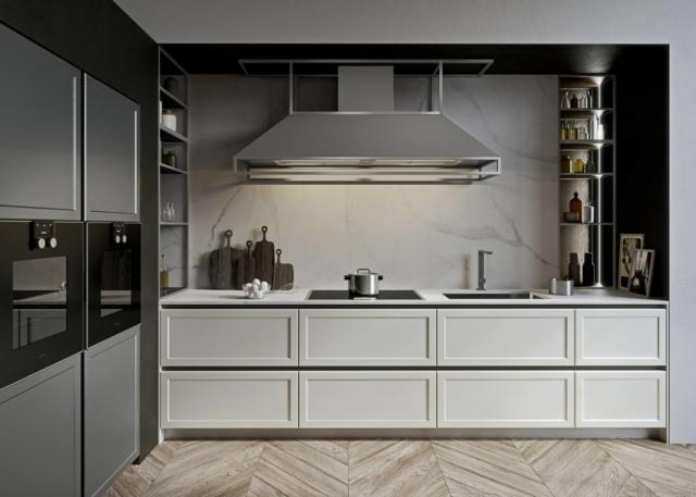 cucina con cappa e schienale e piano in marmo di Carrara Frame di Snaidero cucina con cappa e schienale e piano in marmo di Carrara Frame di Snaidero