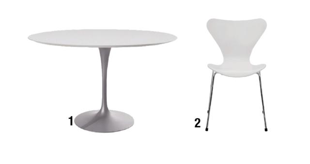 1. DINING TABLE Round – Anno: 1957 – Design: Eero Saarinen – Produttore: Knoll
• Niente più gambe sotto il tavolo, ma solo un basamento centrale che sostiene il piano, ovale o rotondo, in marmo o altri materiali. Alla fine degli anni ’50 l’intuizione di Saarinen portò una vera e propria rivoluzione nella zona pranzo.
2. SERIE 7, mod.3107 – Anno: 1955 – Design: Arne Jacobsen – Produttore: Fritz Hansen
• La sedia impilabile, icona del design scandinavo, si caratterizza per l’essenzialità formale di seduta e schienale sagomati in compensato che formano una scocca unica ottenuta con la tecnica industriale della laminazione. 1. DINING TABLE Round – Anno: 1957 – Design: Eero Saarinen – Produttore: Knoll
• Niente più gambe sotto il tavolo, ma solo un basamento centrale che sostiene il piano, ovale o rotondo, in marmo o altri materiali. Alla fine degli anni ’50 l’intuizione di Saarinen portò una vera e propria rivoluzione nella zona pranzo.
2. SERIE 7, mod.3107 – Anno: 1955 – Design: Arne Jacobsen – Produttore: Fritz Hansen
• La sedia impilabile, icona del design scandinavo, si caratterizza per l’essenzialità formale di seduta e schienale sagomati in compensato che formano una scocca unica ottenuta con la tecnica industriale della laminazione.