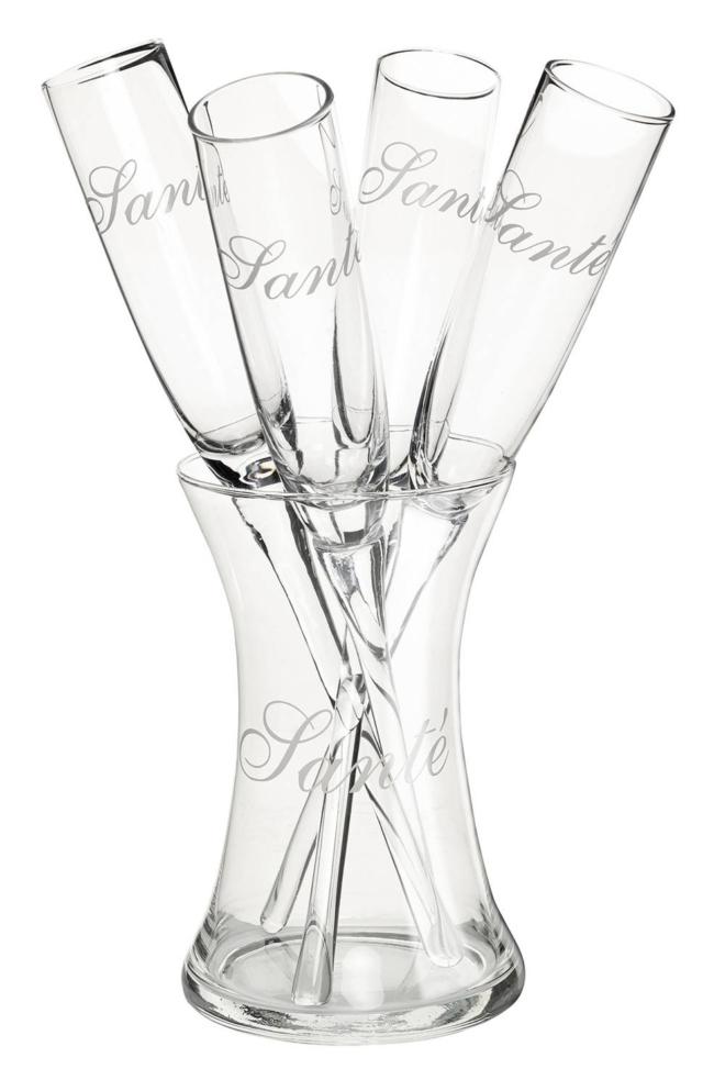 bicchieri Santé, set di 4 flûte di Maiuguali, in vetro con la scritta Sante' bicchieri Santé, set di 4 flûte di Maiuguali, in vetro con la scritta Sante'