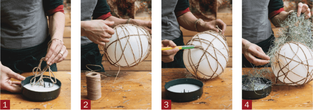 Nel contenitore miscelare colla vinilica e acqua in misura 3:2 e mescolarle con il pennello fino a ottenere un composto omogeneo non troppo compatto (in questo caso aggiungere lentamente altra acqua sempre mescolando), quindi immergere circa 3 m di corda (senza tagliarla) e lasciarla a bagno il tempo necessario per farle assorbire in ogni sua parte il composto.Gonfiare il palloncino cercando di ottenere una forma sferica di circa 20 cm di diametro e chiuderlo: sarà la dimensione della nostra sfera di Natale. Prendere l’estremità della corda e iniziando dalla chiusura del palloncino avvolgerla intorno ad esso, tirandola e cercando di formare una rete ben ferma, con uno spazio ben serrato sul fondo e lasciandone aperto su un lato uno sufficientemente largo per poter inserire le decorazioni.Se durante la creazione della rete ci si accorge che la corda non è sufficiente, semplicemente immergerne altra nel composto e continuare. Terminare legando la corda alla prima estremità, quindi recidere. Per maggior sicurezza si può intingere il pennello nel composto e passarlo sulla rete di corda. Sarà la struttura della sfera di Natale.Quando la corda è ancora umida di colla, prendere alcuni 'fili' di Tillandsia usneoides e avvolgerli delicatamente intorno ad alcune parti della corda, ma non lungo tutta la rete. L’effetto finale della sfera di Natale deve essere di leggerezza. Nel contenitore miscelare colla vinilica e acqua in misura 3:2 e mescolarle con il pennello fino a ottenere un composto omogeneo non troppo compatto (in questo caso aggiungere lentamente altra acqua sempre mescolando), quindi immergere circa 3 m di corda (senza tagliarla) e lasciarla a bagno il tempo necessario per farle assorbire in ogni sua parte il composto.Gonfiare il palloncino cercando di ottenere una forma sferica di circa 20 cm di diametro e chiuderlo: sarà la dimensione della nostra sfera di Natale. Prendere l’estremità della corda e iniziando dalla chiusura del palloncino avvolgerla intorno ad esso, tirandola e cercando di formare una rete ben ferma, con uno spazio ben serrato sul fondo e lasciandone aperto su un lato uno sufficientemente largo per poter inserire le decorazioni.Se durante la creazione della rete ci si accorge che la corda non è sufficiente, semplicemente immergerne altra nel composto e continuare. Terminare legando la corda alla prima estremità, quindi recidere. Per maggior sicurezza si può intingere il pennello nel composto e passarlo sulla rete di corda. Sarà la struttura della sfera di Natale.Quando la corda è ancora umida di colla, prendere alcuni 'fili' di Tillandsia usneoides e avvolgerli delicatamente intorno ad alcune parti della corda, ma non lungo tutta la rete. L’effetto finale della sfera di Natale deve essere di leggerezza.