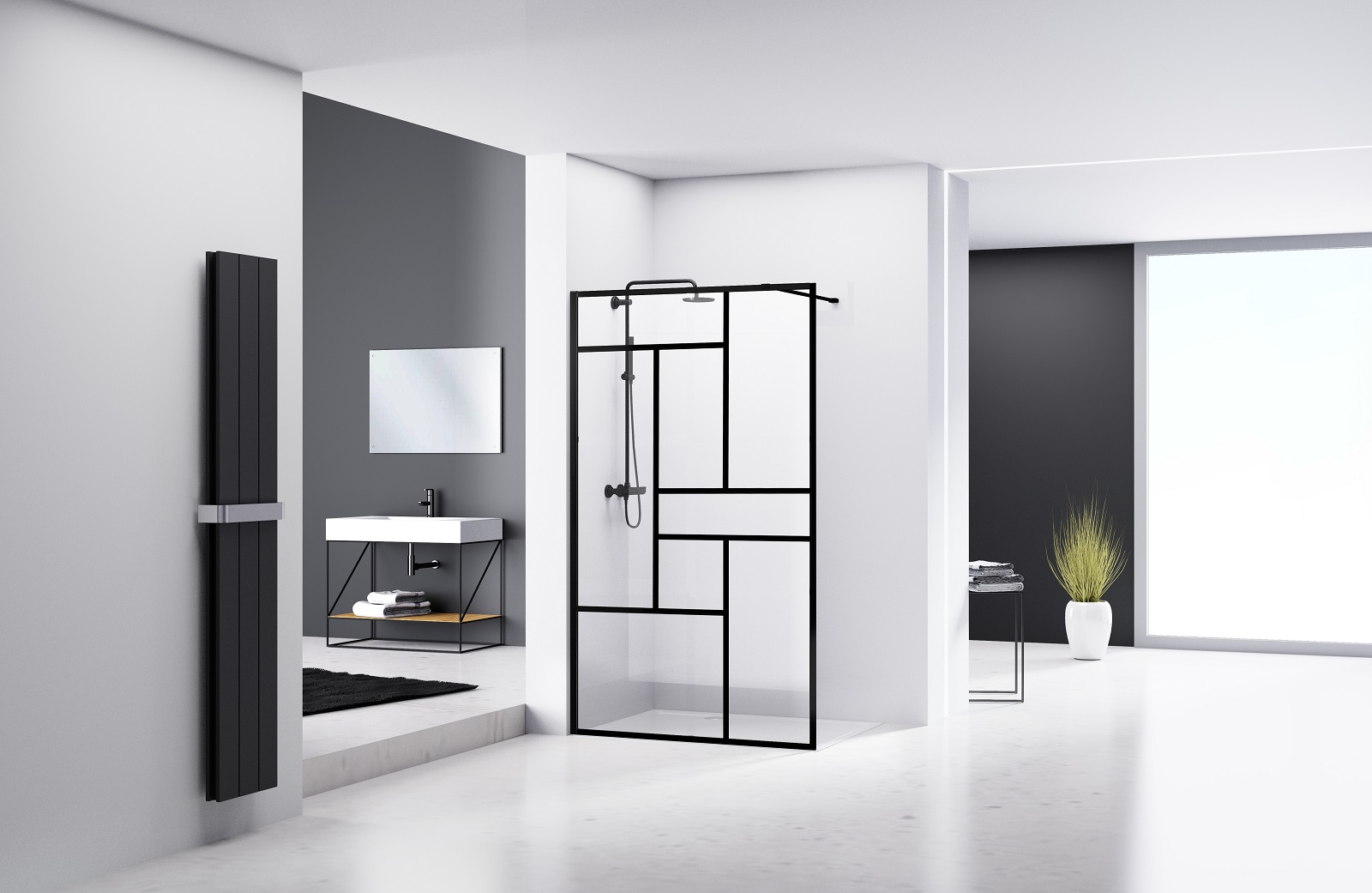 Ha barra di supporto in metallo la parete doccia walk-in Chakra di Iperceramica. Il cristallo con serigrafia a fantasia di rettangoli neri e profili in alluminio nero opaco ha uno spessore di 8 mm. Misura L 80 x H 200 cm. Prezzo 499,90 euro. www.iperceramica.it Ha barra di supporto in metallo la parete doccia walk-in Chakra di Iperceramica. Il cristallo con serigrafia a fantasia di rettangoli neri e profili in alluminio nero opaco ha uno spessore di 8 mm. Misura L 80 x H 200 cm. Prezzo 499,90 euro. www.iperceramica.it