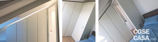 La porta a scorrimento della
camera matrimoniale
forma, rispetto al blocco laterale degli armadi,
un angolo retto.
Il serramento è costituito da un pannello singolo che, appeso a un binario superiore incassato nella veletta, scorre esternamente al muro, sul lato del corridoio che introduce
la stanza. La spalla laterale
a destra del letto, integra nella zona inferiore la mensola
del comodino, incassata
in nicchia. Le strutture
su disegno sono state
realizzate dalla falegnameria
Luca Terraneo. La porta a scorrimento della
camera matrimoniale
forma, rispetto al blocco laterale degli armadi,
un angolo retto.
Il serramento è costituito da un pannello singolo che, appeso a un binario superiore incassato nella veletta, scorre esternamente al muro, sul lato del corridoio che introduce
la stanza. La spalla laterale
a destra del letto, integra nella zona inferiore la mensola
del comodino, incassata
in nicchia. Le strutture
su disegno sono state
realizzate dalla falegnameria
Luca Terraneo.