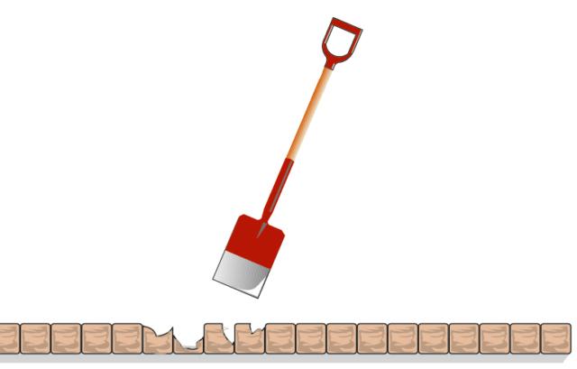 1. Con la vanga o il badile si procede alla rimozione degli elementi spaccati o dissestati e di quelli limitrofi, in modo da poter riassemblare con precisione il profilo dei cordoli delle aiuole. 1. Con la vanga o il badile si procede alla rimozione degli elementi spaccati o dissestati e di quelli limitrofi, in modo da poter riassemblare con precisione il profilo dei cordoli delle aiuole.