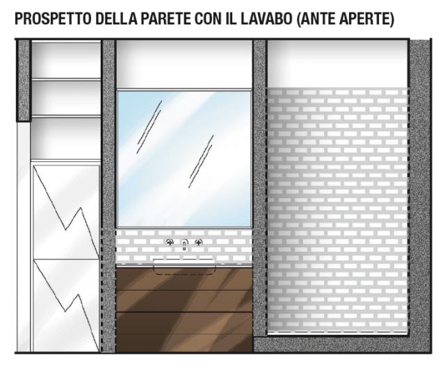 70 mq da bi a trilocale: prospetto del parete con il lavabo in bagno 70 mq da bi a trilocale: prospetto del parete con il lavabo in bagno