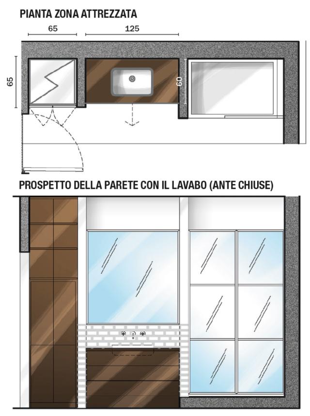70 mq da bi a trilocale: pianta e prospetto zona attrezzata in bagno 70 mq da bi a trilocale: pianta e prospetto zona attrezzata in bagno