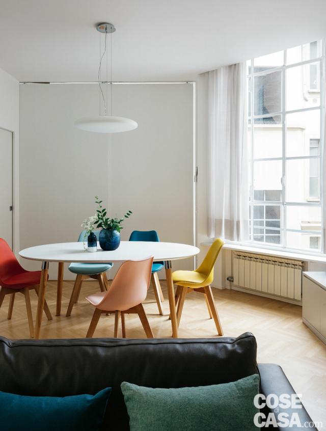 zona giorno, tavolo da pranzo, sedie colorate, pavimento in parquet, finestra, lampada a sospensione, divano zona giorno, tavolo da pranzo, sedie colorate, pavimento in parquet, finestra, lampada a sospensione, divano