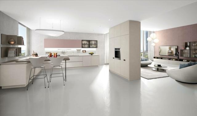 cucina con il living coordinato tonalità rosa Lain di Euromobil cucina con il living coordinato tonalità rosa Lain di Euromobil