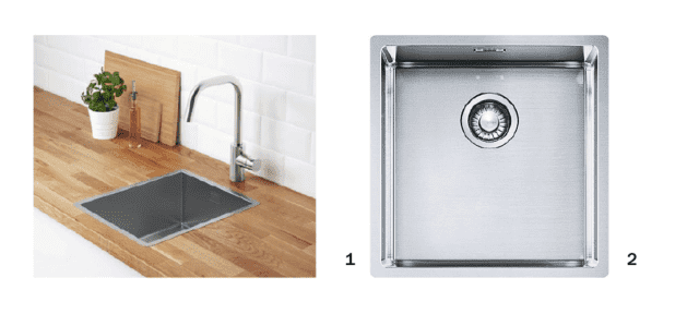 lavello monovasca Box BXX 210-40 / 110-40 di Franke; lavello a incasso Norrsjön di Ikea entrambi in acciaio inox lavello monovasca Box BXX 210-40 / 110-40 di Franke; lavello a incasso Norrsjön di Ikea entrambi in acciaio inox