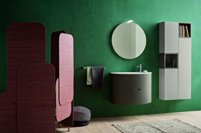 composizione Oval 11 di Kios prevede mobile lavabo sospeso in finitura laccato opaco fango dalla forma ricurva composizione Oval 11 di Kios prevede mobile lavabo sospeso in finitura laccato opaco fango dalla forma ricurva