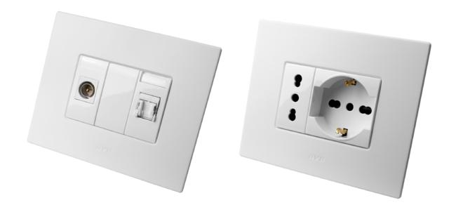 1) placche in Corian® AVE Vera 44 con prese dati e TV serie Domus 100 2) placche in Corian® AVE Vera 44 con prese italiana e shuko serie Domus 100 1) placche in Corian® AVE Vera 44 con prese dati e TV serie Domus 100 2) placche in Corian® AVE Vera 44 con prese italiana e shuko serie Domus 100
