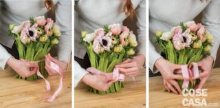 Il nastro ha i bordi rinforzati, utili per mantenerlo nella forma voluta. Il colore scelto è rosa tenue, che richiama uno dei fiori. Avrebbe potuto essere adatto anche un fiocco color avorio o verde come le foglie. Il nastro ha i bordi rinforzati, utili per mantenerlo nella forma voluta. Il colore scelto è rosa tenue, che richiama uno dei fiori. Avrebbe potuto essere adatto anche un fiocco color avorio o verde come le foglie.