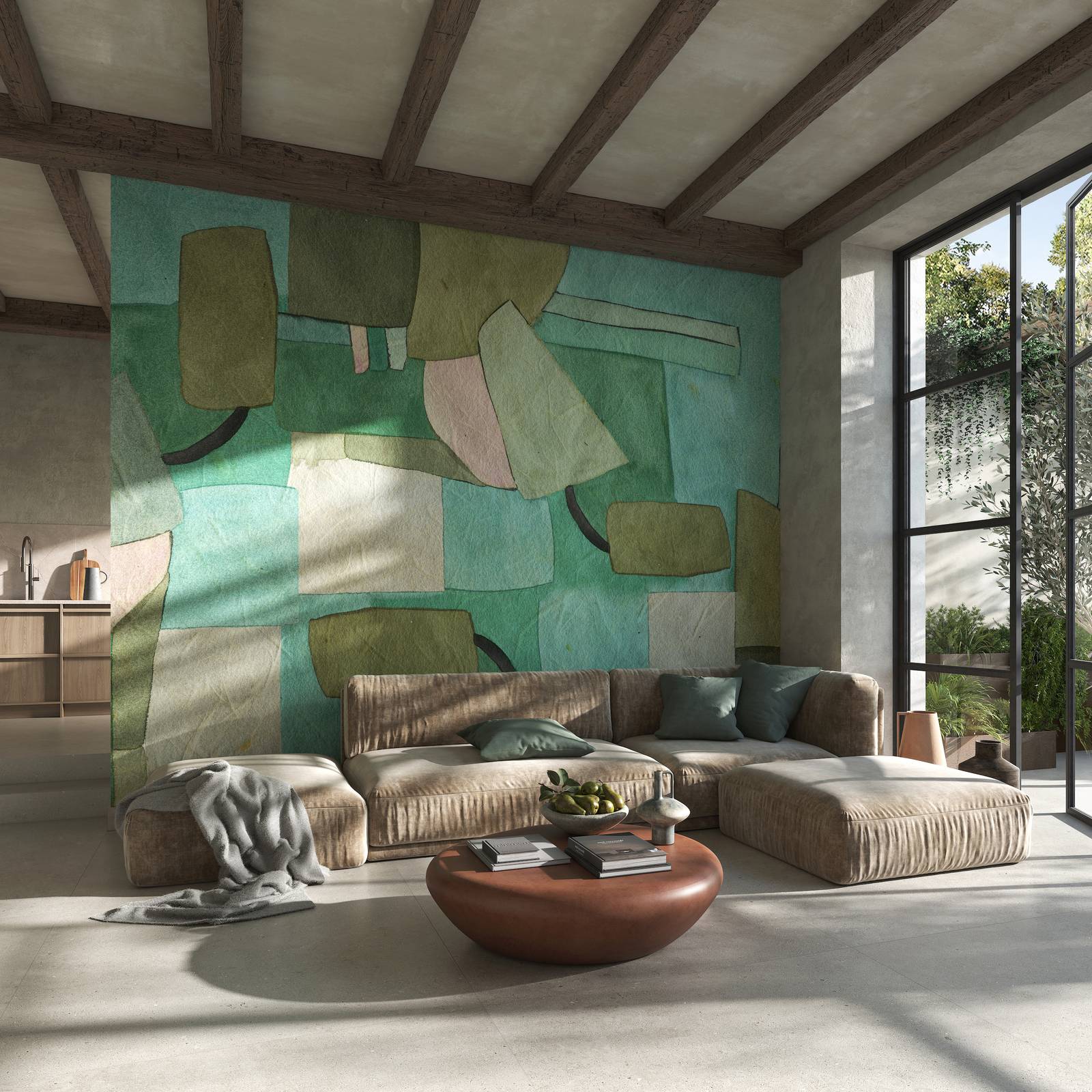 Sembra un quadro astratto la parete dietro il divano rivestita con la carta da parati Ciclope della collezione Wallpapers di Sartoria di Terratinta Group; il decoro è caratterizzato da blocchi di pietra  su un fondo nelle sfumature del verde che si ispira alla mitologia greca. Si sviluppa su carte TNT a rivestimento vinilico, una carta dall’animo eco PVC free e una Fiberglass utilizzabile in zone umide. Misura L 300 x H 59 cm. Prezzo a partire da 85 euro al mq.  www.terratintagroup.com