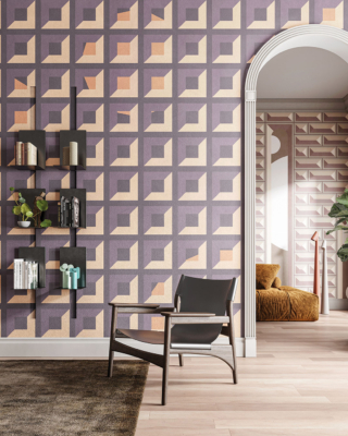 Un decoro caratterizzato da macro forme geometriche per la carta da parati vinilica Coffer Mania di Inkiostro Bianco che rende il soggiorno moderno e originale. Misura H 68 cm. Prezzo 104 euro al mq. www.inkiostrobianco.com