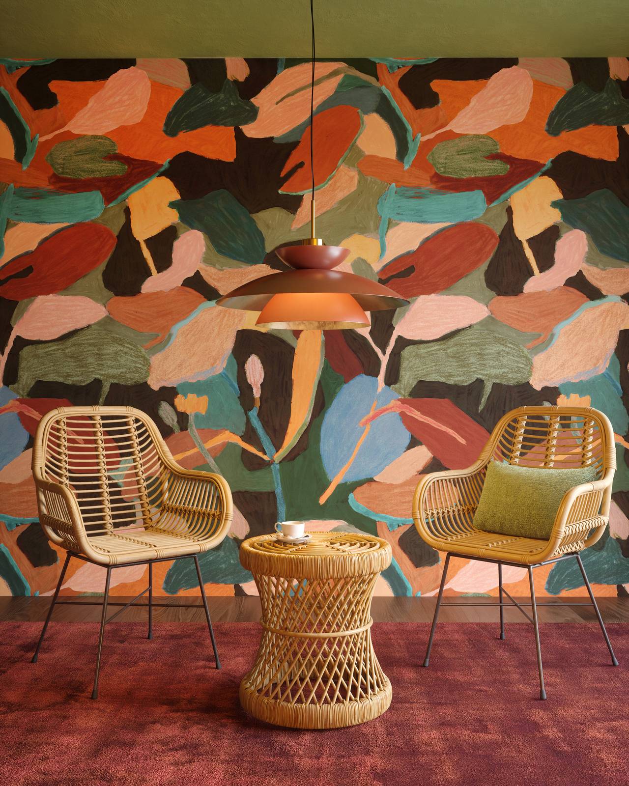 La carta in tessuto non tessuto, con rivestimento vinilico in rilievo, Tagua di Fischbacher 1819 è decorata da un fitto motivo floreale astratto che è stato dipinto a mano in studio con gouache e pastelli a cera. È resistente alla luce, antigraffio e facile da pulire perché lavabile. Prezzo su richiesta. www.fischbacher1819.com