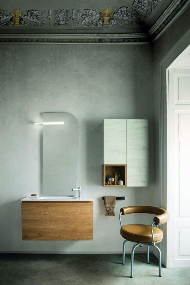 pensile e mobile lavabo della composizione Pandora 12 di Kios con finitura quercia miele e quercia bianca per bagno piccolo pensile e mobile lavabo della composizione Pandora 12 di Kios con finitura quercia miele e quercia bianca per bagno piccolo