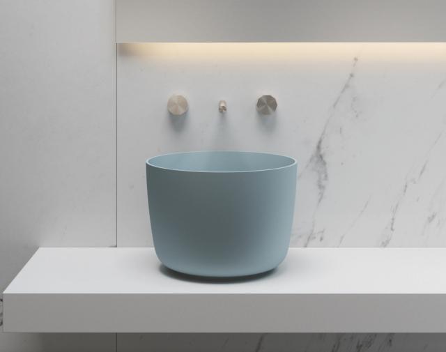 lavandino Flat 9 da appoggio di SDR Ceramiche nella finitura opaca Avio in Livin-Stone® (Solid Surface) per bagno piccolo lavandino Flat 9 da appoggio di SDR Ceramiche nella finitura opaca Avio in Livin-Stone® (Solid Surface) per bagno piccolo