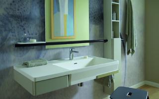 lavabo rettangolare a consolle con catino laterale della linea Hug di Ponte Giulio lavabo rettangolare a consolle con catino laterale della linea Hug di Ponte Giulio