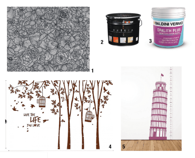 1. Disponibile in tre colori, la carta da parati in vinile su base tnt Impetro Lost di Londonart (www.londonart.it) è personalizzabile su richiesta. Fornita in rolli da 47 cm, costa 73 euro al metro quadro più Iva. 2. Dona un prezioso effetto seta la pittura murale smacchiabile Veltia di MaxMeyer (www.maxmeyer.it) dall’elevata capacità di copertura. Da 4 litri costa 39,90 euro. 3. Opalith Plus di Baldini Vernici (www.baldinivernici.it) superlavabile, è antigoccia e ha ottime caratteristiche di adesione e pennellabilità. Da 5 litri costa 37 euro. 4. Sta benissimo anche su una porta l’adesivo murale in vinile Measuring Souvenir Pisa di Domestic che riproduce la torre di Pisa. Misura L 50 x H 200 cm e costa 60 euro. 5. Permette di decorare un’intera parete lo sticker Parole nel bosco di Adesivi Murali (www.adesivimurali.com). In vinile, è fornito in più parti ricomponibili perfettamente. Misura 400 x 270 cm e costa 89,90 euro. 1. Disponibile in tre colori, la carta da parati in vinile su base tnt Impetro Lost di Londonart (www.londonart.it) è personalizzabile su richiesta. Fornita in rolli da 47 cm, costa 73 euro al metro quadro più Iva. 2. Dona un prezioso effetto seta la pittura murale smacchiabile Veltia di MaxMeyer (www.maxmeyer.it) dall’elevata capacità di copertura. Da 4 litri costa 39,90 euro. 3. Opalith Plus di Baldini Vernici (www.baldinivernici.it) superlavabile, è antigoccia e ha ottime caratteristiche di adesione e pennellabilità. Da 5 litri costa 37 euro. 4. Sta benissimo anche su una porta l’adesivo murale in vinile Measuring Souvenir Pisa di Domestic che riproduce la torre di Pisa. Misura L 50 x H 200 cm e costa 60 euro. 5. Permette di decorare un’intera parete lo sticker Parole nel bosco di Adesivi Murali (www.adesivimurali.com). In vinile, è fornito in più parti ricomponibili perfettamente. Misura 400 x 270 cm e costa 89,90 euro.
