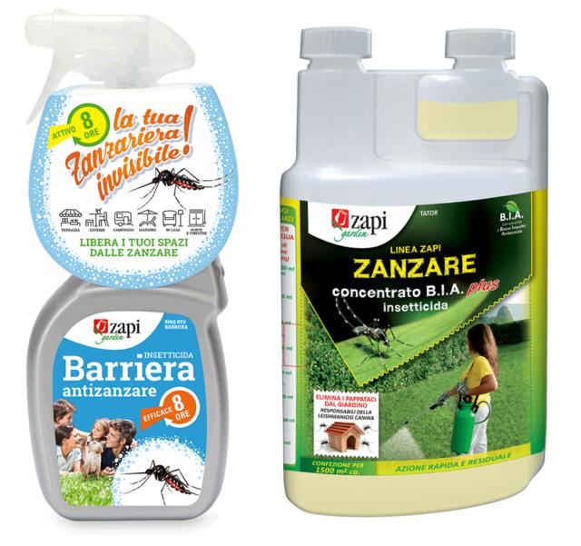Zapi Barriera (in alto a sinistra) è un insetticida spray che protegge contro le zanzare tigre e comuni. Non va applicato sulla pelle: basta spruzzare il prodotto nell’ambiente, attorno all’area da difendere, perché la sostanza contenuta si attivi immediatamente evaporando in modo duraturo per 8 ore. Prezzo della confezione da 400 ml: 10.30 euro. Zapi Zanzare Concentrato Bia Plus Tator (in alto a destra), spruzzato sulla vegetazione e sulle aree esterne, garantisce una protezione fino a 15 giorni contro zanzare tigre e comuni, pappataci, formiche, zecche, pulci. A basso impatto ambientale, è ideale anche per difendere il cane dalla leishmaniosi, trasmessa tramite la puntura dei pappataci. Prezzo della confezione da 100 ml : 17.50 euro. www.zapizanzare.it Zapi Barriera (in alto a sinistra) è un insetticida spray che protegge contro le zanzare tigre e comuni. Non va applicato sulla pelle: basta spruzzare il prodotto nell’ambiente, attorno all’area da difendere, perché la sostanza contenuta si attivi immediatamente evaporando in modo duraturo per 8 ore. Prezzo della confezione da 400 ml: 10.30 euro. Zapi Zanzare Concentrato Bia Plus Tator (in alto a destra), spruzzato sulla vegetazione e sulle aree esterne, garantisce una protezione fino a 15 giorni contro zanzare tigre e comuni, pappataci, formiche, zecche, pulci. A basso impatto ambientale, è ideale anche per difendere il cane dalla leishmaniosi, trasmessa tramite la puntura dei pappataci. Prezzo della confezione da 100 ml : 17.50 euro. www.zapizanzare.it