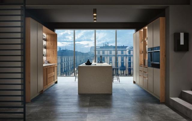 cucina con isola Modello Milano in Laccato Opaco Beige Ticino liscio e Rovere Nodoso Chiaro cucina con isola Modello Milano in Laccato Opaco Beige Ticino liscio e Rovere Nodoso Chiaro