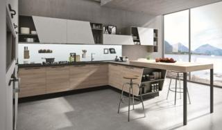 cucina con bancone snack e penisola, mensole laterali modello mia aran cucine color laccato opaco visone cucina con bancone snack e penisola, mensole laterali modello mia aran cucine color laccato opaco visone