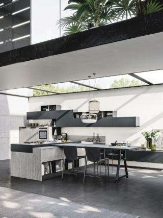 cucina con penisola e bancone laminato Fenix colore Grigio Bromo Loft Wall e Loft Soft di Arrex cucina con penisola e bancone laminato Fenix colore Grigio Bromo Loft Wall e Loft Soft di Arrex