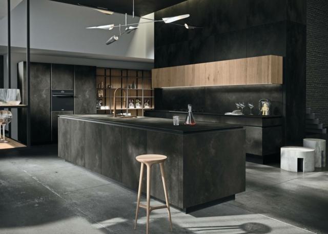 cucina con isola Way Materia di Snaidero con ante, piani e schienale in ceramica Laminam Ossido Nero cucina con isola Way Materia di Snaidero con ante, piani e schienale in ceramica Laminam Ossido Nero