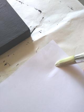 Con un pennello, stendete velocemente la colla vinilica leggermente diluita sul retro delle foto (Foto 5)