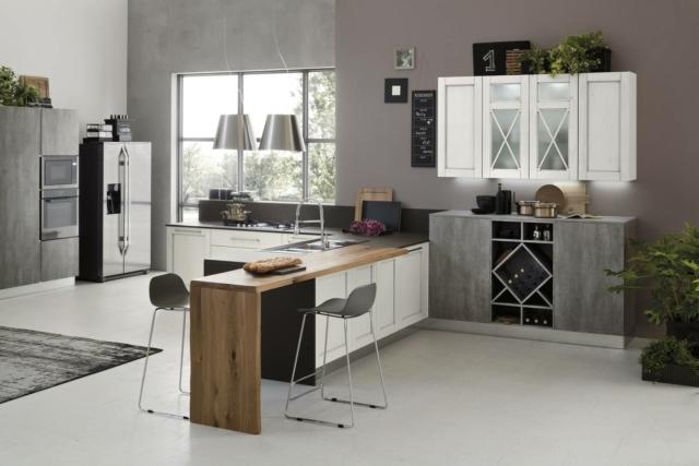 cucina con bancone snack bianca e grigia Eva+Loft Wall di Arrex cucina con bancone snack bianca e grigia Eva+Loft Wall di Arrex