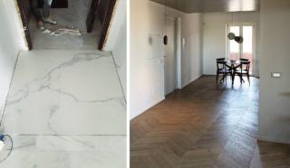 A sinistra: risultato ottenuto dalla sovrapposizione su pavimento esistente di rivestimento in gres. A destra: risultato ottenuto dalla sovrapposizione su pavimento esistente di parquet a spina di pesce. A sinistra: risultato ottenuto dalla sovrapposizione su pavimento esistente di rivestimento in gres. A destra: risultato ottenuto dalla sovrapposizione su pavimento esistente di parquet a spina di pesce.