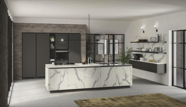 cucina con isola collezione LiberaMente con ante laminato Statuario
e ante laccato opaco Grigio Ferro cucina con isola collezione LiberaMente con ante laminato Statuario
e ante laccato opaco Grigio Ferro