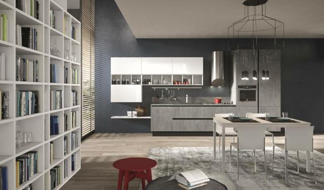 Grés Pietra di Savoia per le ante e il piano cucina grigia bijou aran Cucine con moduli a giorno bianco opaco e libreria in pet bianco opaco Grés Pietra di Savoia per le ante e il piano cucina grigia bijou aran Cucine con moduli a giorno bianco opaco e libreria in pet bianco opaco