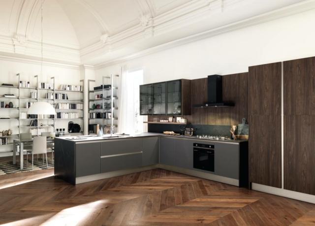 cucina grigia angolare con ante in vetro Kaleidos di Febal Casa cucina grigia angolare con ante in vetro Kaleidos di Febal Casa