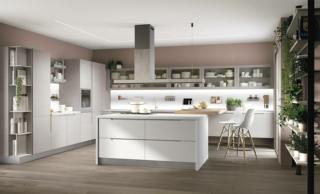 modello angolare con isola centrale bancone in legno e elementi in Laccato Bianco Luna di Lube modello angolare con isola centrale bancone in legno e elementi in Laccato Bianco Luna di Lube