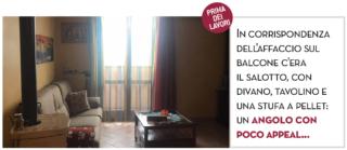 Dalla zona cottura, la prospettiva si apre sul living, con il piano snack integrato che fa da elemento
di separazione; sul fondo, la zona pranzo prende luce dalla portafinestra. Di particolare comfort, questa nuova area
è arredata con il tavolo in legno naturale (di Ikea, www.ikea.it) e con sedute su ruote e dotate di braccioli (di Pedrali, www.pedrali.it). È stato recuperato e verniciato, invece, il serramento preesistente, arricchito ora dalla tenda leggera montata sul binario a soffitto, mentre è del tipo alla veneziana la tenda della nuova finestra in cucina.