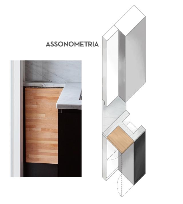 assonometria cucina bilocale 80 mq, lavello incassato in rovere assonometria cucina bilocale 80 mq, lavello incassato in rovere