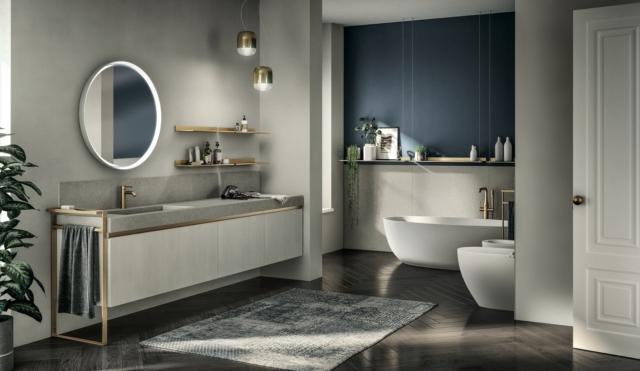 Leitmotiv della composizione Tratto di Scavolini, disegnato da Vuesse, è la finitura ottone per esempio della maniglia e del portasalviette Give Leitmotiv della composizione Tratto di Scavolini, disegnato da Vuesse, è la finitura ottone per esempio della maniglia e del portasalviette Give