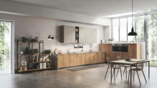 cucina angolare Mood di Scavolini con colonne e basi in decorativo Rovere Landscape e pensili in laccato opaco Visone cucina angolare Mood di Scavolini con colonne e basi in decorativo Rovere Landscape e pensili in laccato opaco Visone