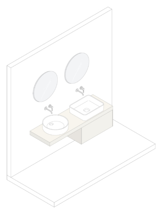 Lavandino Conca da appoggio tondo 45 cm, lavabo Conca da appoggio rettangolare 60 cm, mensola Conca 160 x 50.5 x H 8 cm, 2 fori, abbinata a mobile 80 x 50.5 x H 37 cm, 1 cassetto, rubinetteria Joy incasso 2 fori, specchi tondi Ø60 cm. Finitura Bianco Laccato Opaco Lavandino Conca da appoggio tondo 45 cm, lavabo Conca da appoggio rettangolare 60 cm, mensola Conca 160 x 50.5 x H 8 cm, 2 fori, abbinata a mobile 80 x 50.5 x H 37 cm, 1 cassetto, rubinetteria Joy incasso 2 fori, specchi tondi Ø60 cm. Finitura Bianco Laccato Opaco