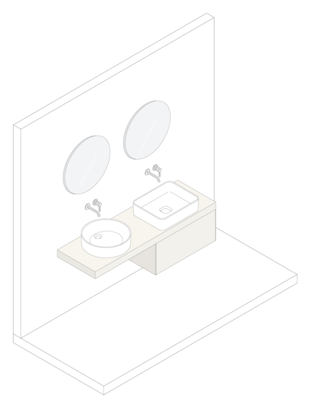 Lavandino Conca da appoggio tondo 45 cm, lavabo Conca da appoggio rettangolare 60 cm, mensola Conca 160 x 50.5 x H 8 cm, 2 fori, abbinata a mobile 80 x 50.5 x H 37 cm, 1 cassetto, rubinetteria Joy incasso 2 fori, specchi tondi Ø60 cm. Finitura Bianco Laccato Opaco Lavandino Conca da appoggio tondo 45 cm, lavabo Conca da appoggio rettangolare 60 cm, mensola Conca 160 x 50.5 x H 8 cm, 2 fori, abbinata a mobile 80 x 50.5 x H 37 cm, 1 cassetto, rubinetteria Joy incasso 2 fori, specchi tondi Ø60 cm. Finitura Bianco Laccato Opaco
