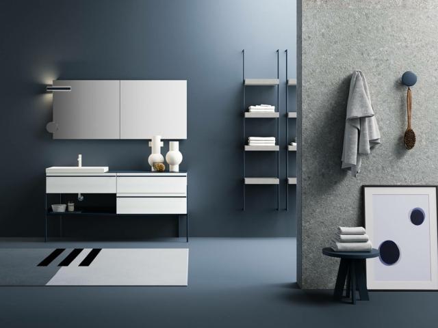 ndustrial Collection di Ardeco è il bagno nella finitura blu notte con la base a un cassetto bianco opaco ndustrial Collection di Ardeco è il bagno nella finitura blu notte con la base a un cassetto bianco opaco