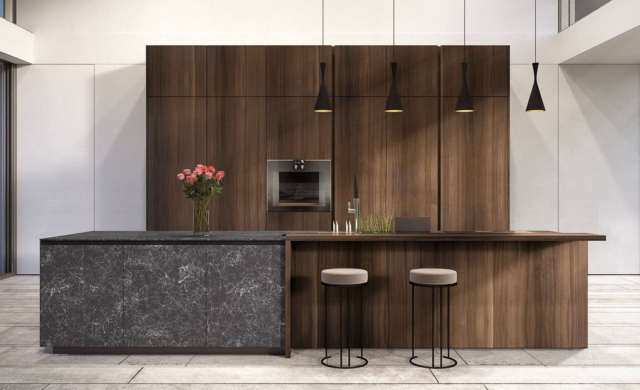 cucina isola e armadiatura Telero di Euromobil finitura eucalipto termotrattato cucina isola e armadiatura Telero di Euromobil finitura eucalipto termotrattato