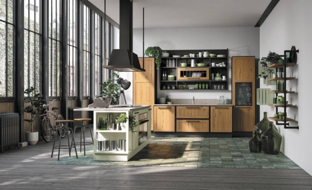 cucina in stile industrial Rovere Mielato Provenza di Lube, isola attrezzata con le ante a telaio cucina in stile industrial Rovere Mielato Provenza di Lube, isola attrezzata con le ante a telaio
