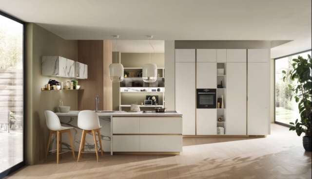 cucina bianca DeLinea Flat di Scavolini banco snack con gole a contrasto cucina bianca DeLinea Flat di Scavolini banco snack con gole a contrasto