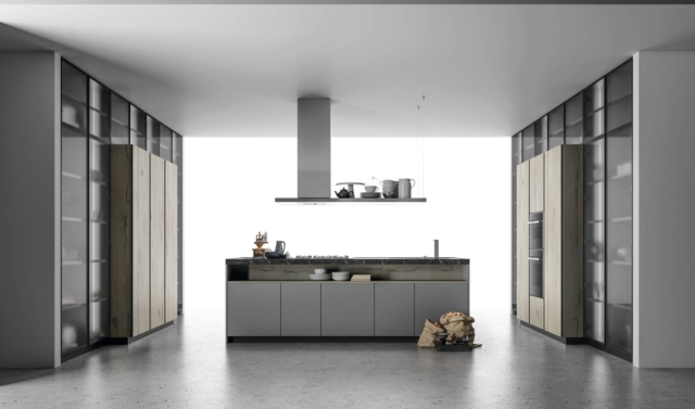cucina Aspen di Doimo Cucine ante in vetro acidato grigio e il telaio nero cucina Aspen di Doimo Cucine ante in vetro acidato grigio e il telaio nero