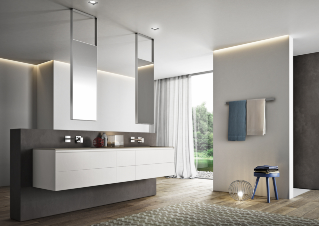 specchiera a soffitto bifacciale di Ideagroup ha struttura perimetrale in acciaio spazzolato specchiera a soffitto bifacciale di Ideagroup ha struttura perimetrale in acciaio spazzolato