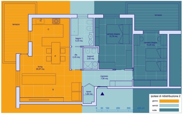 la cucina viene spostata (con i relativi impianti) e si affaccia sull'altro dei due terrazzi. La zona giorno - sempre open space - si trova a sinistra dell'ingresso, che dà invece su un corridoio, garantendo una maggiore privacy al living la cucina viene spostata (con i relativi impianti) e si affaccia sull'altro dei due terrazzi. La zona giorno - sempre open space - si trova a sinistra dell'ingresso, che dà invece su un corridoio, garantendo una maggiore privacy al living