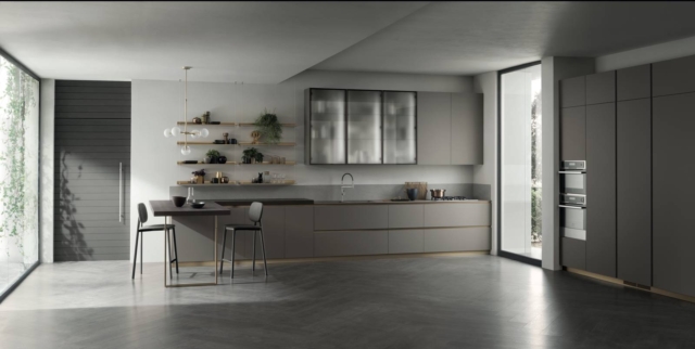 cucina con pensili in vetro Scavolini Delinea con ante, penisola e ipiano realizzati in Fenix NTM® Grigio Londra e tre pensili con le ante in vetro fumé cucina con pensili in vetro Scavolini Delinea con ante, penisola e ipiano realizzati in Fenix NTM® Grigio Londra e tre pensili con le ante in vetro fumé